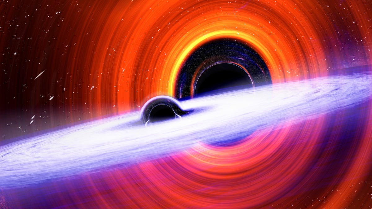 Binary_Black_Hole_Merger_Carl_Knox_OzGrav-Swinburne02_3_small An artist’s concept of a binary black hole merger, in which the black holes have misaligned spi...