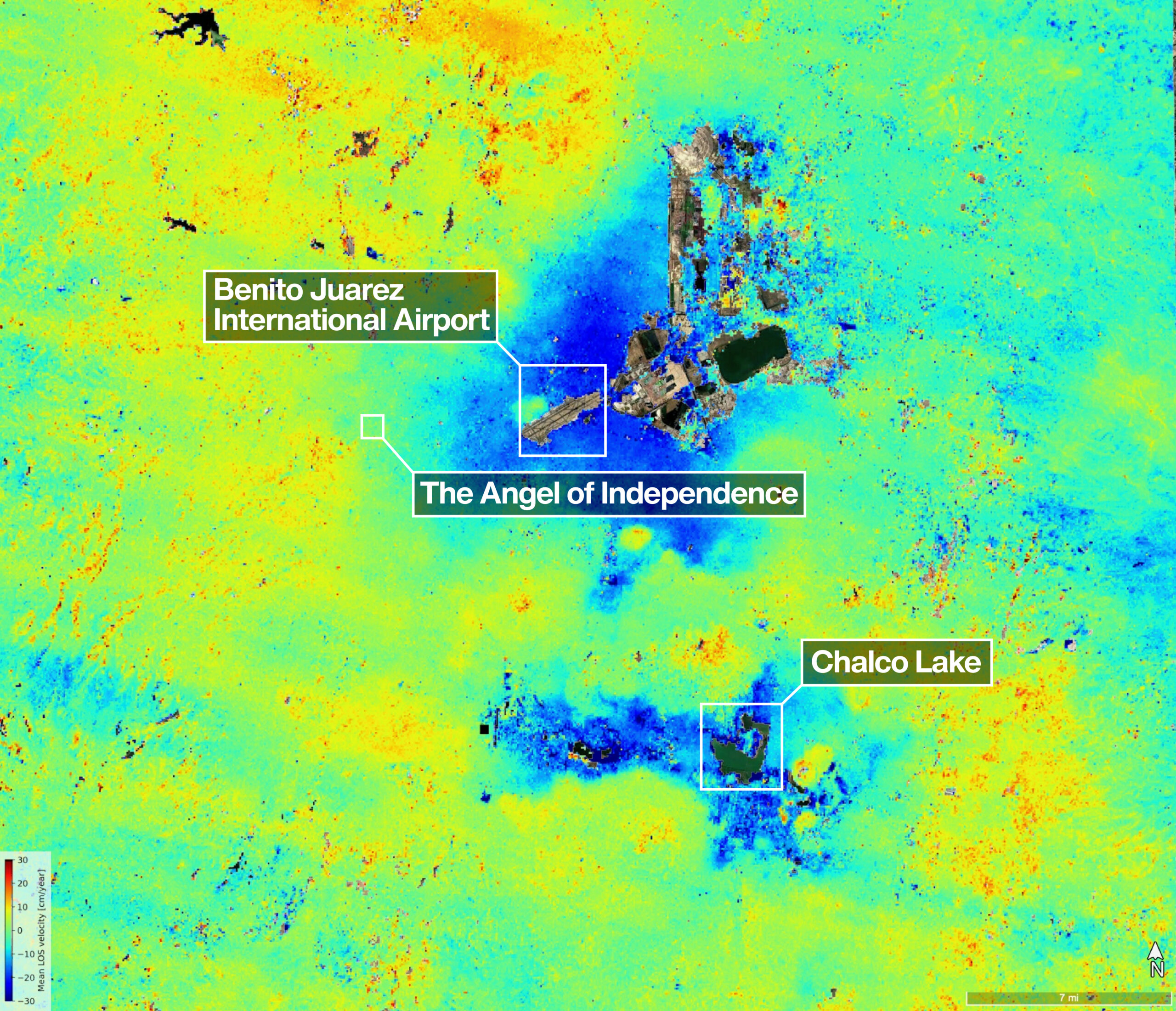 New data from NISAR shows where Mexico City and its environs subsided by up to a few centimeters ...