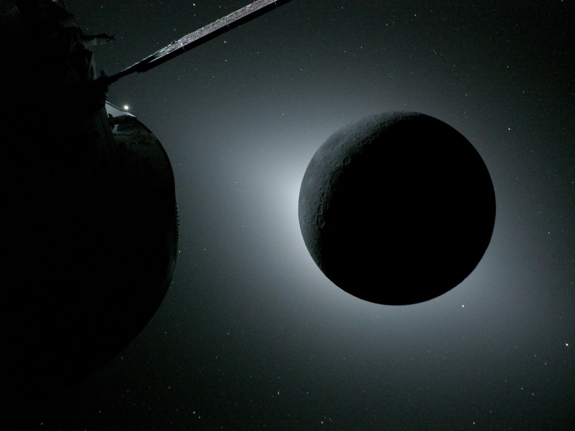 The Moon, backlit by the Sun during a solar eclipse, is photographed by NASA’s Orion spacecraft...