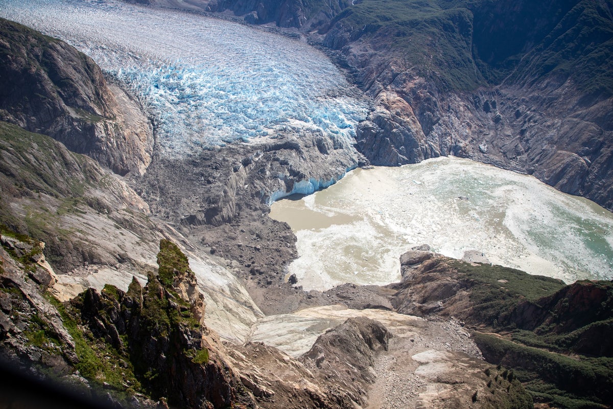 An aerial photo of the August 10, 2025, landslide and the aftermath from the tsunami it triggered...