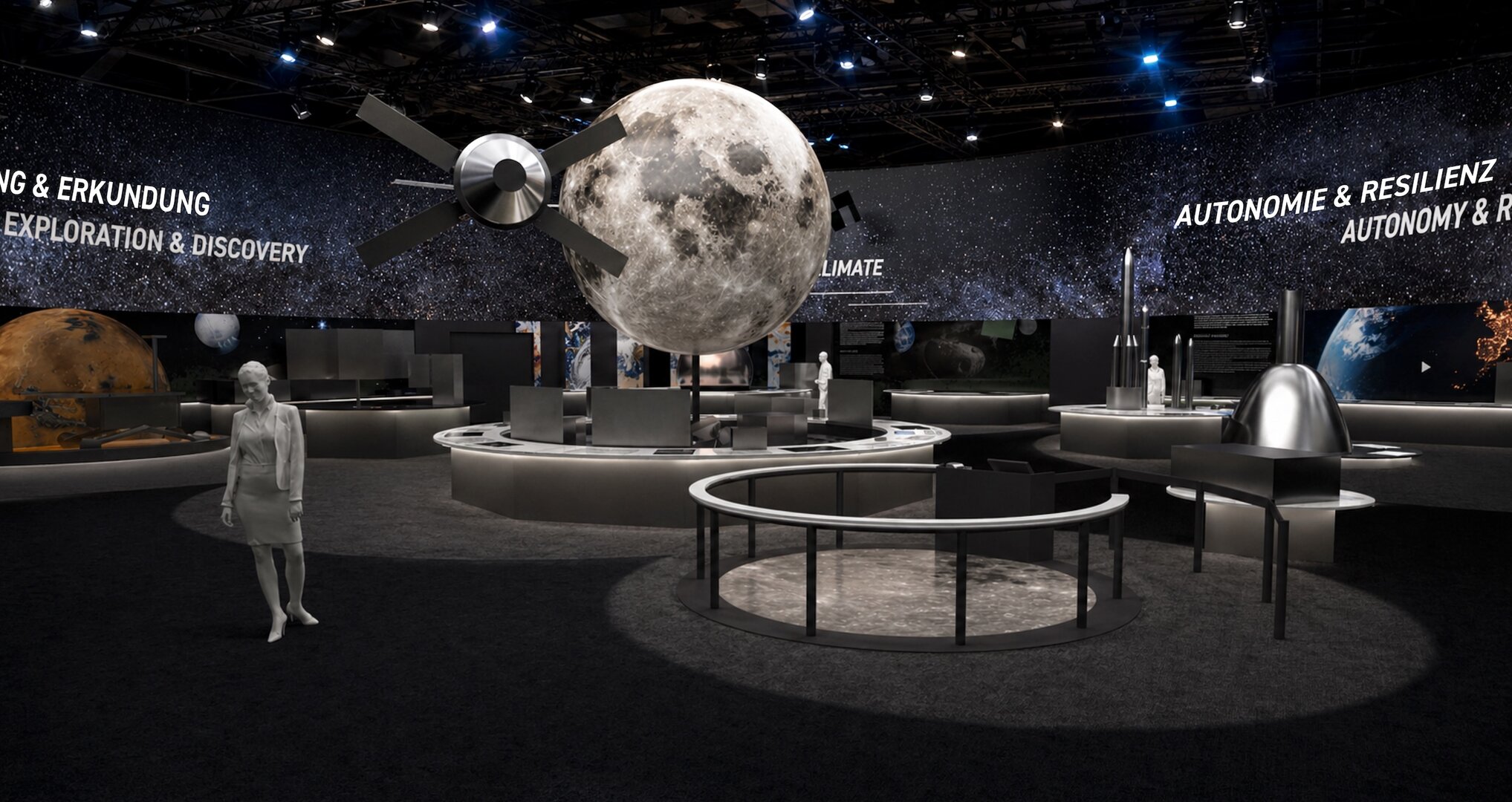 Europe_in_space_ILA_2026_pillars At the heart of the Space Pavilion, the Moon and Orion powered by the European Service Module ref...