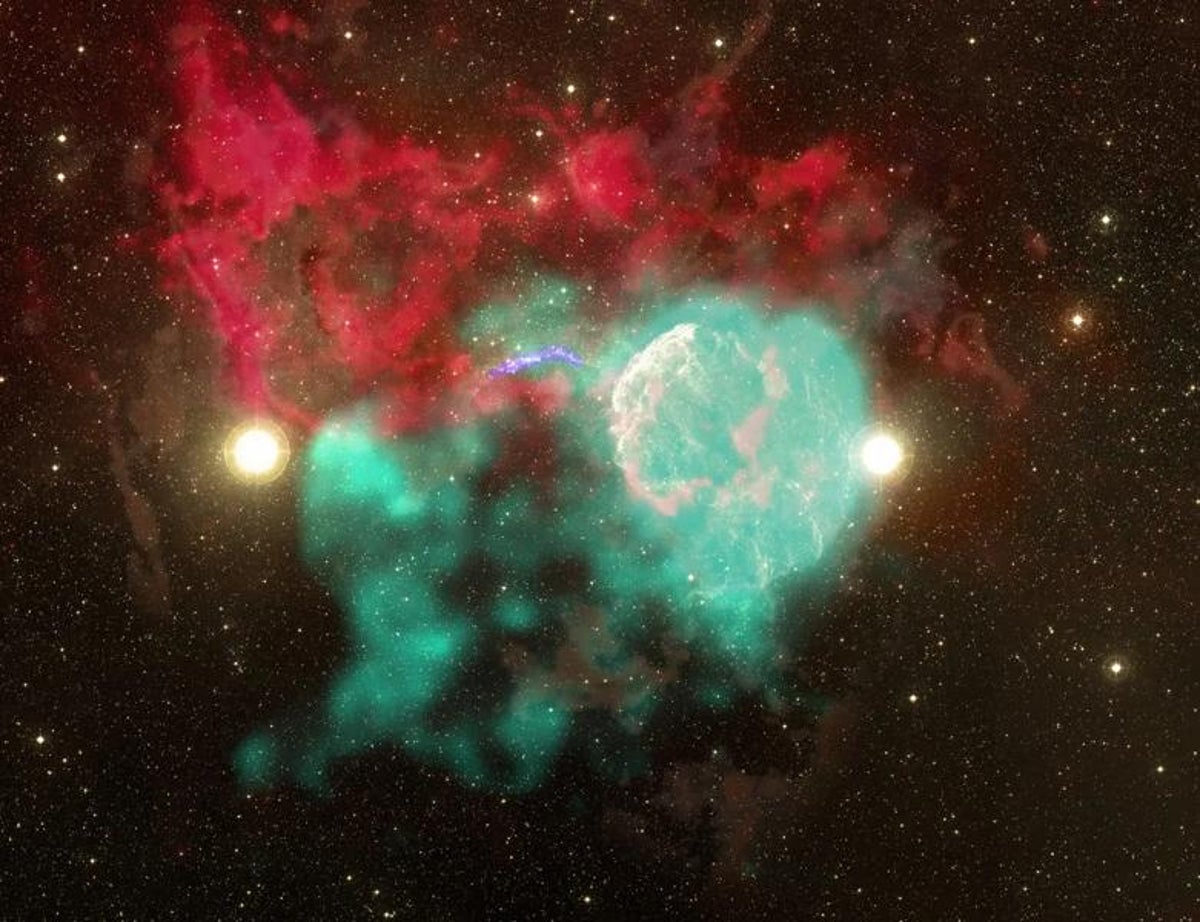 This composite of radio, infrared, optical and ultraviolet data shows the region around IC 443, a...