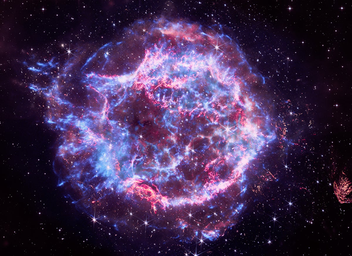 In Cassiopeia A, X-rays from NASA's Chandra X-ray Observatory are shown along with an infrared im...