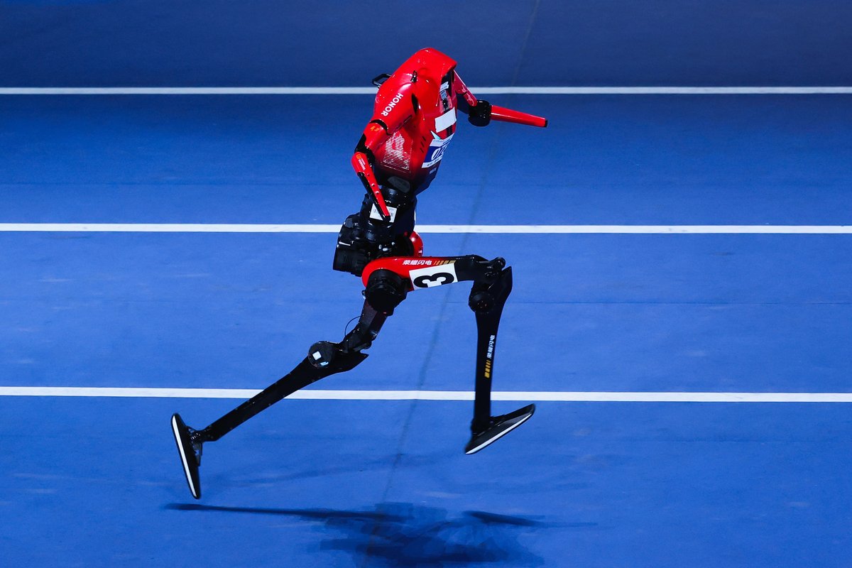 Two humanoid robots broke Usain Bolt’s record for the 100-meter dash last Saturday. One (shown ...