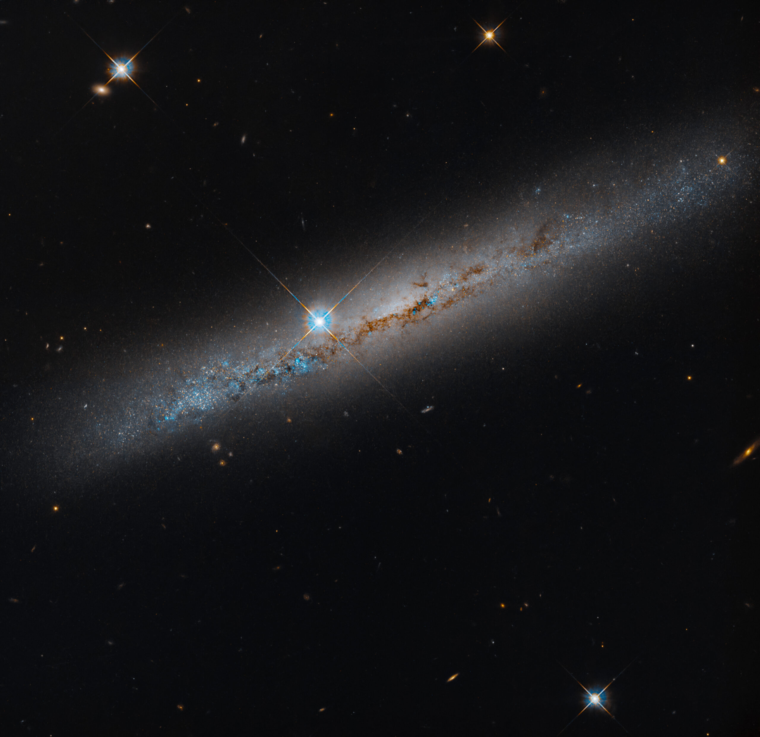 hubble-ngc1827-1-flat-final An edge-on spiral galaxy. Its rusty-brown dust lanes bisect the galaxy lengthwise. Bright-blue po...