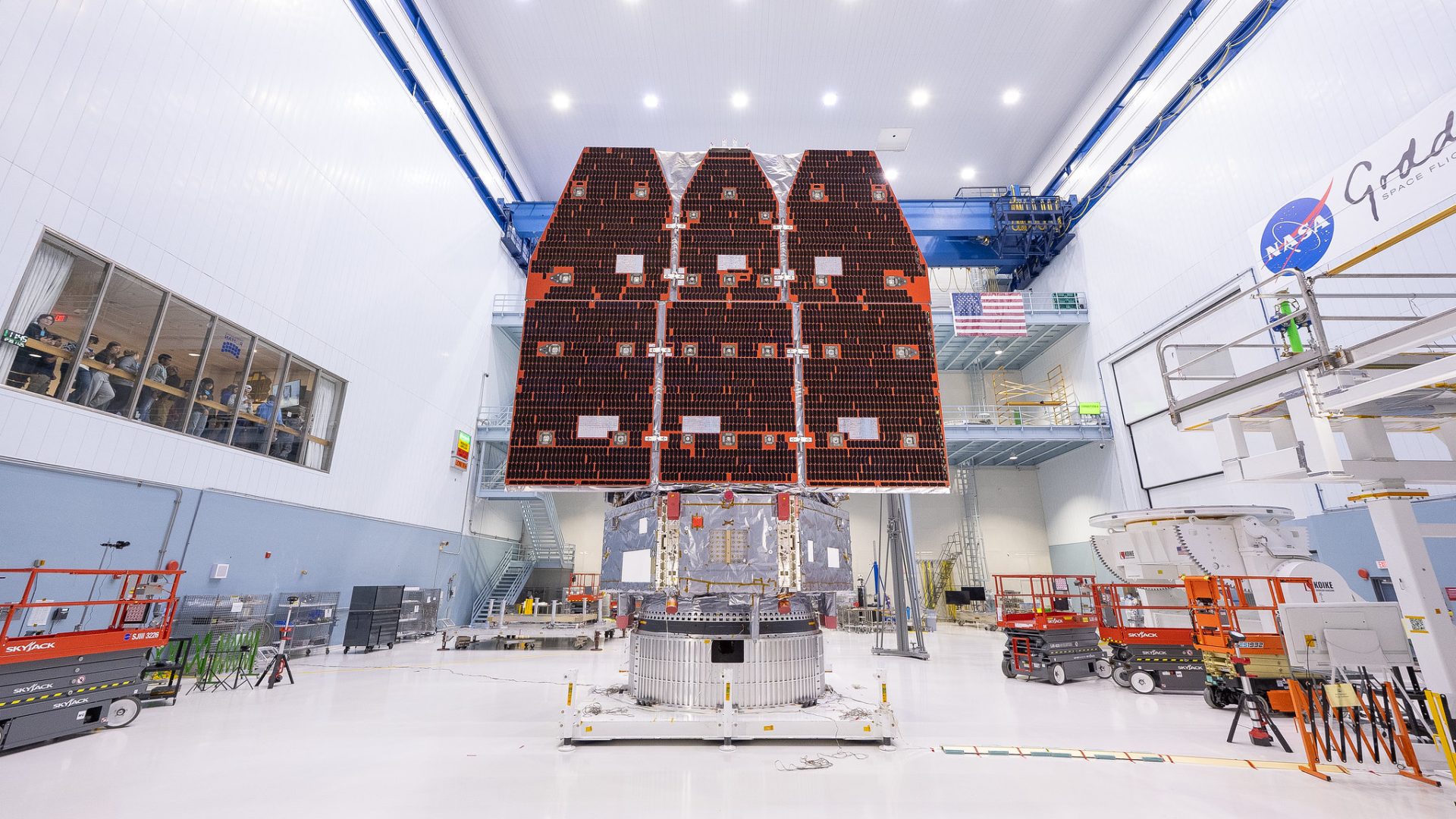 NASA’s Nancy Grace Roman Space Telescope stands fully assembled, following the integration of i...