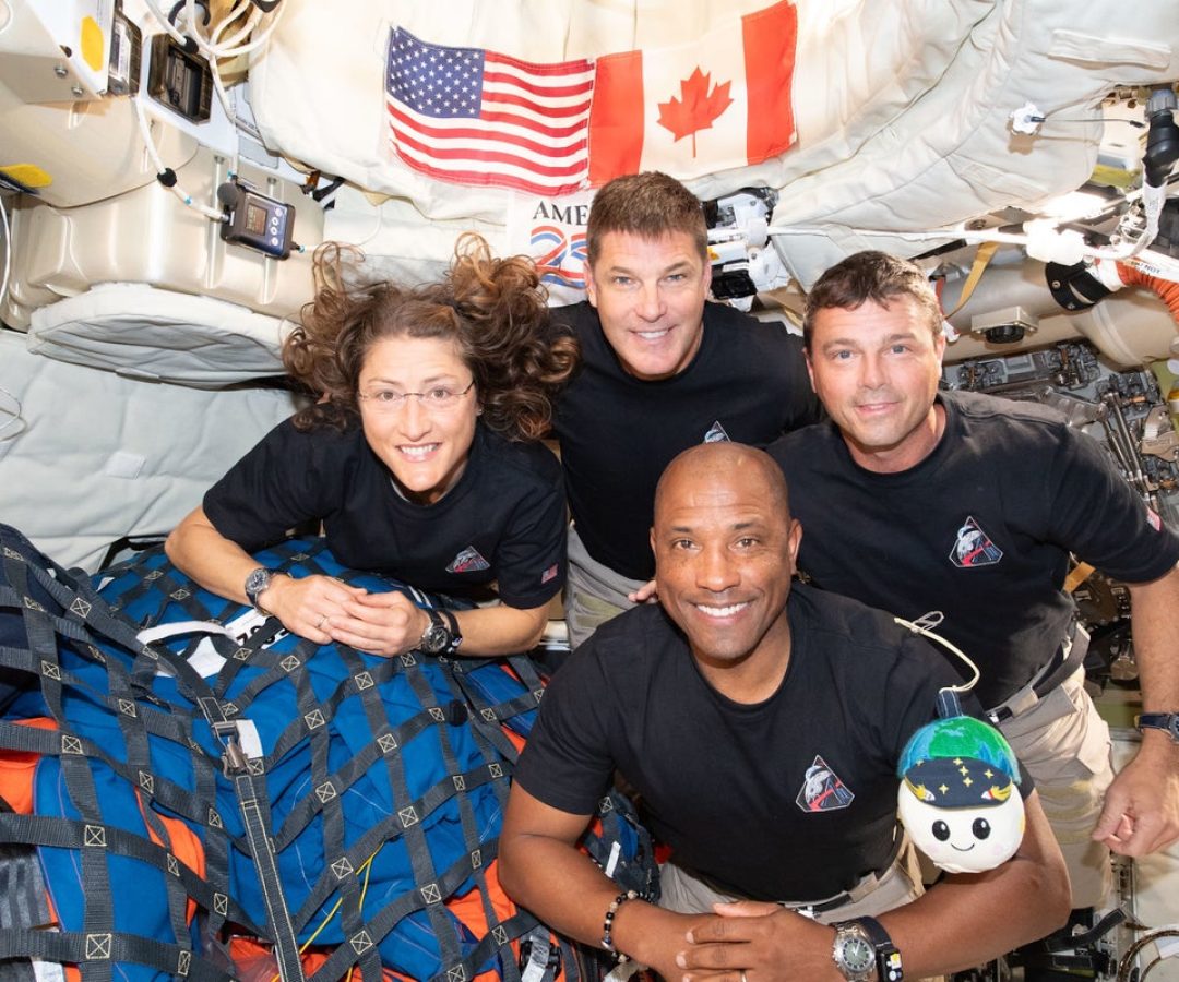NASA’s Artemis II crew (from left to right) mission specialist Christina Koch, mission speciali...