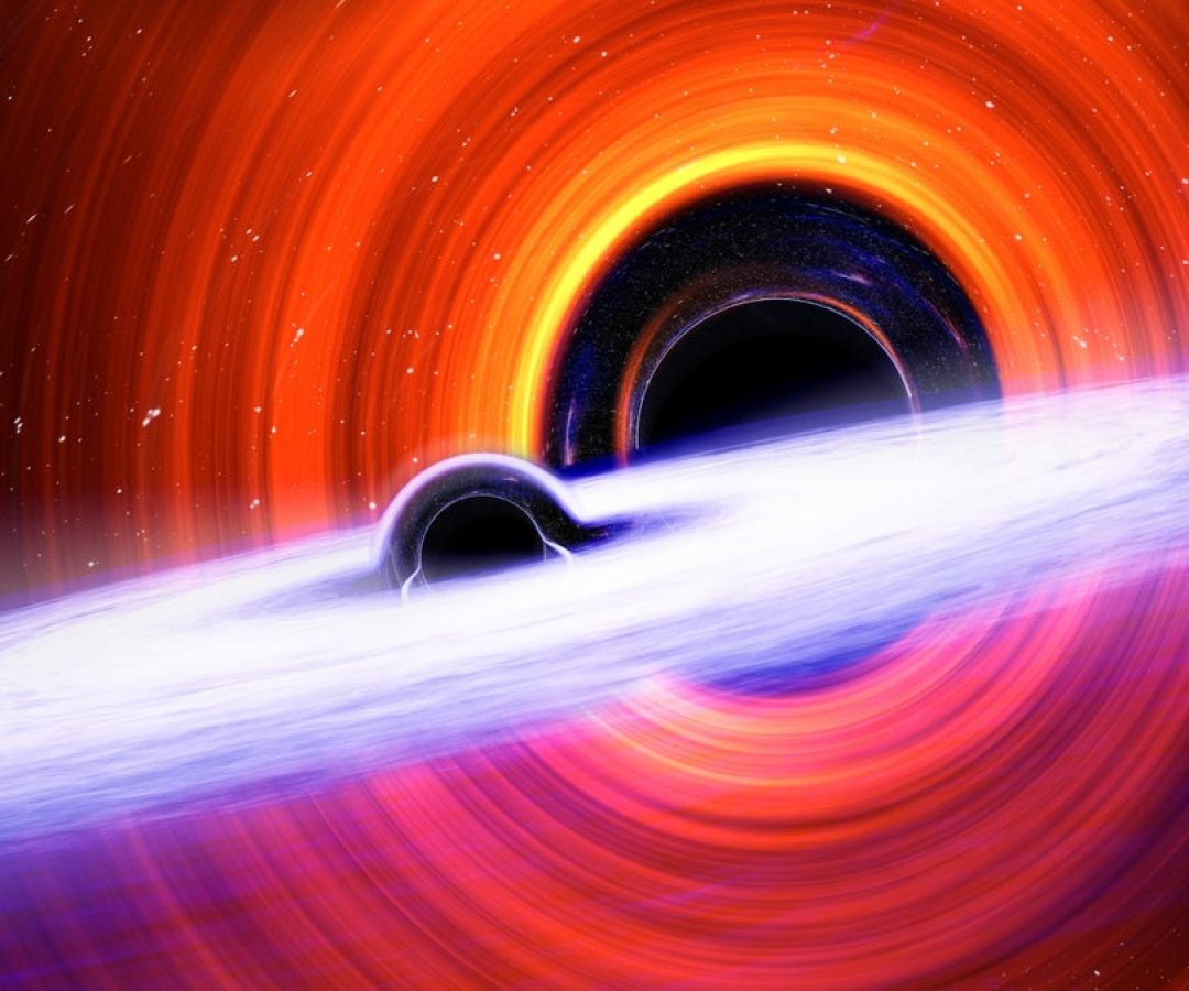 An artist’s concept of a binary black hole merger, in which the black holes have misaligned spi...