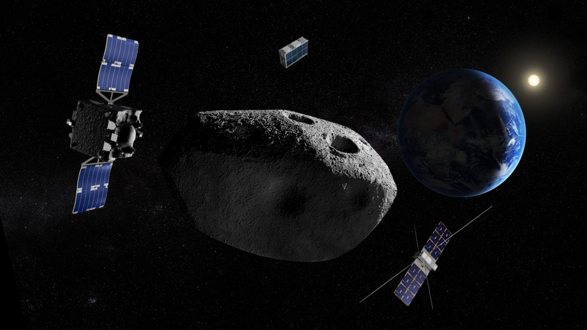 An artist’s impression of the multiple spacecraft in the European Space Agency’s Rapid Apophi...