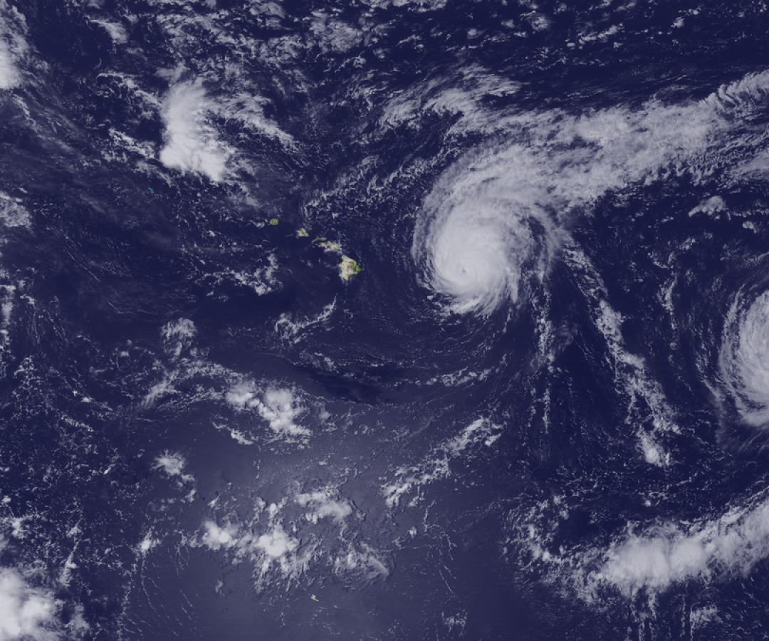Three hurricanes—Kilo, Ignacio and Jimena—clustered around Hawaii in August 2015. NASA/NOAA v...