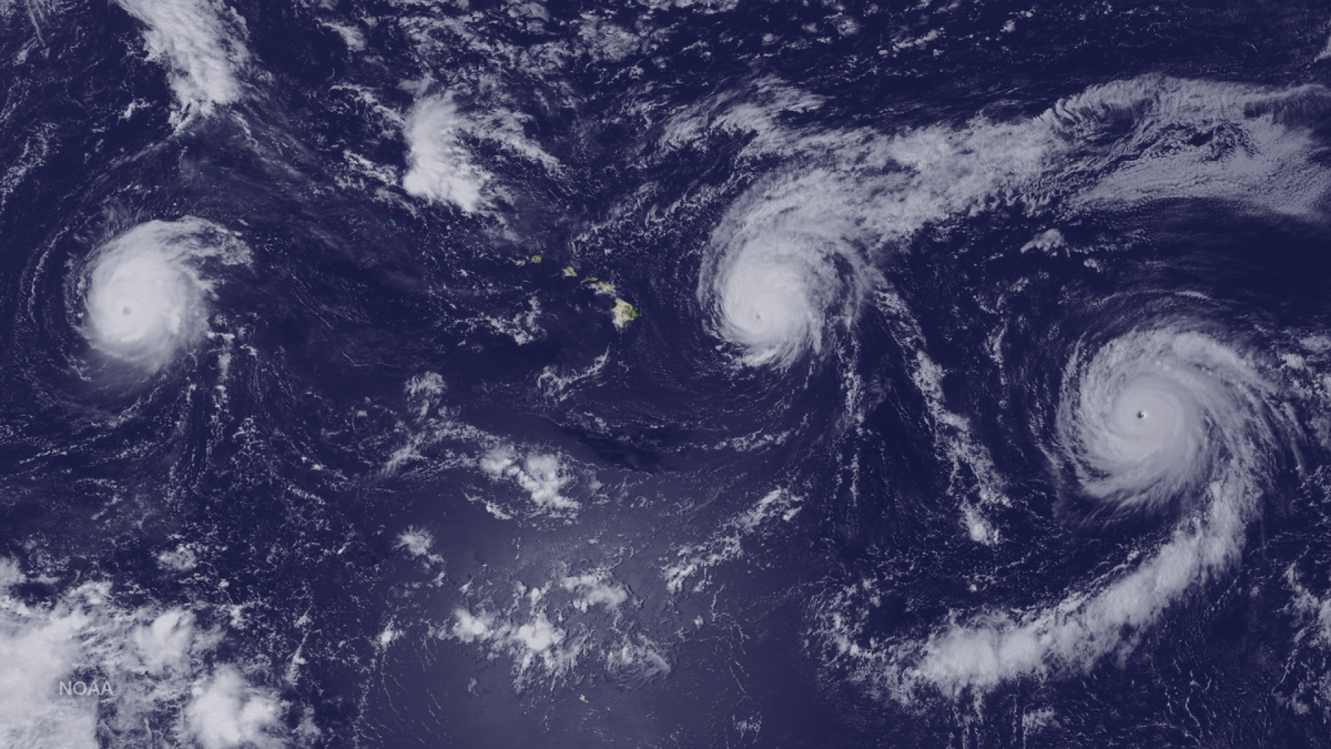 Three hurricanes—Kilo, Ignacio and Jimena—clustered around Hawaii in August 2015. NASA/NOAA v...