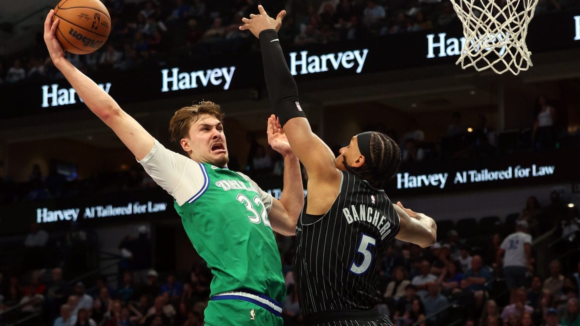 Cooper Flagg, the first overall pick of last year’s NBA draft, goes up for a dunk. Paolo Banche...