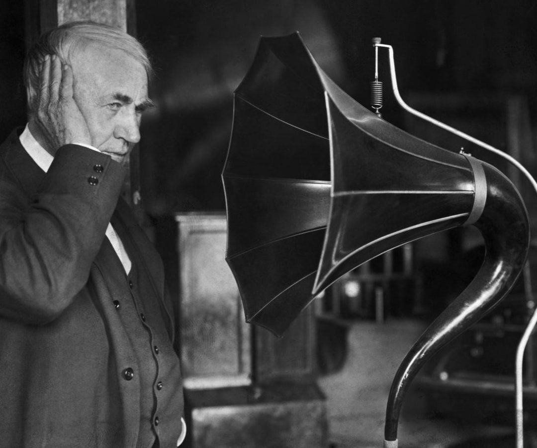 Thomas A. Edison listens to a phonograph in 1911. Bettmann / Contributor / Getty