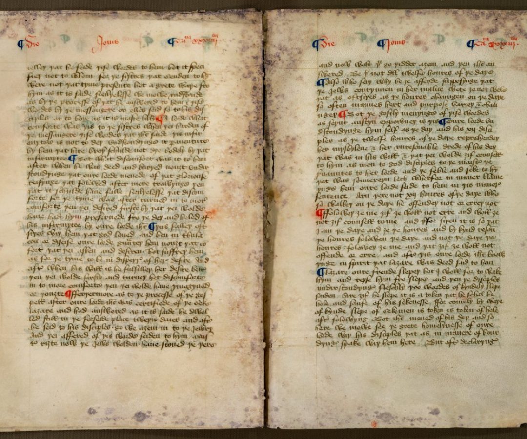 Pages eight and nine of the fragment of Nicholas Love’s early 15th-century Mirror of the Blesse...