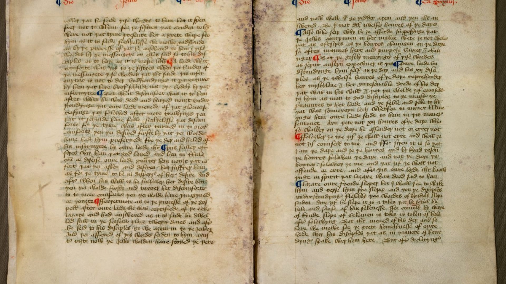 Pages eight and nine of the fragment of Nicholas Love’s early 15th-century Mirror of the Blesse...