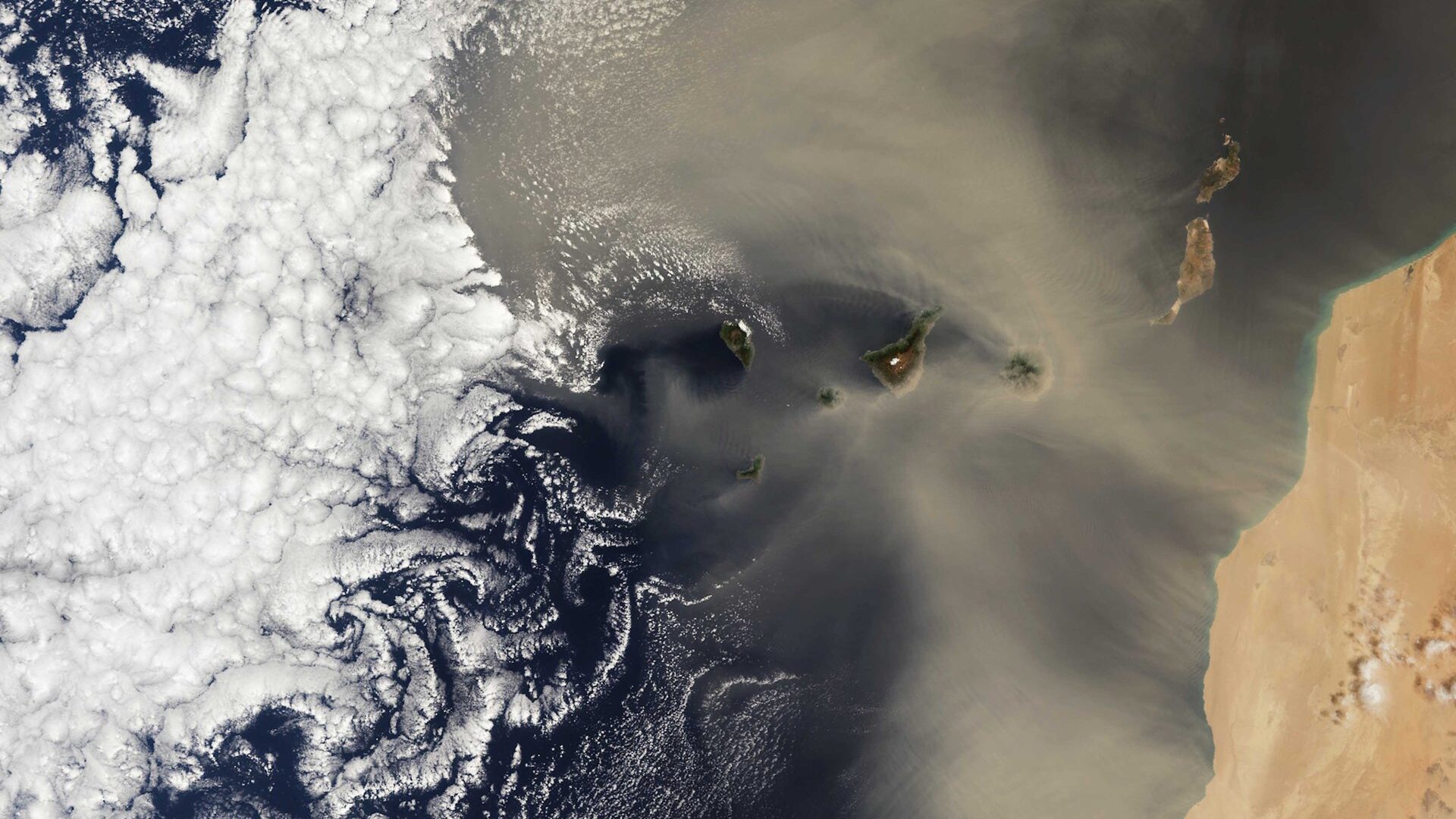 The image from Copernicus Sentinel-3 shows a Saharan dust storm over the Atlantic Ocean, with the...