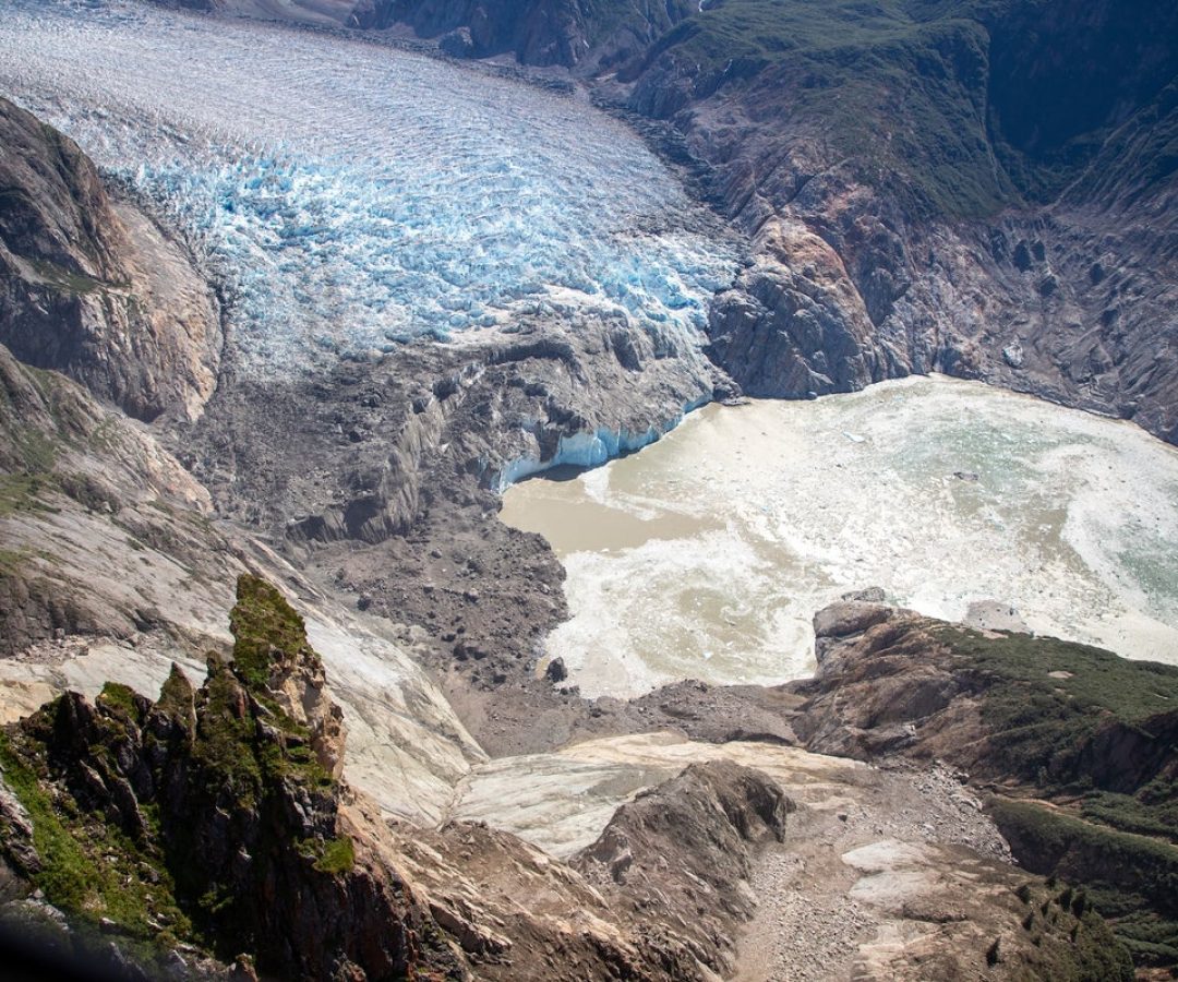 An aerial photo of the August 10, 2025, landslide and the aftermath from the tsunami it triggered...