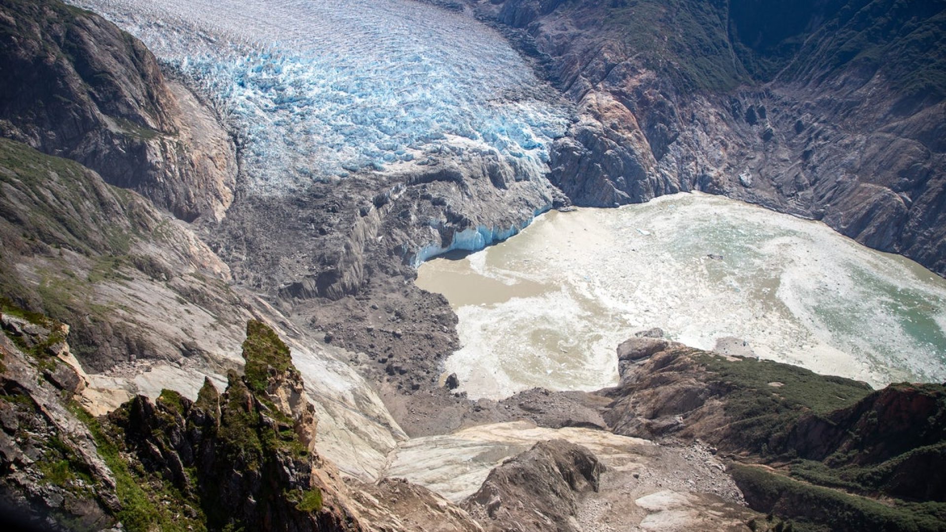 An aerial photo of the August 10, 2025, landslide and the aftermath from the tsunami it triggered...