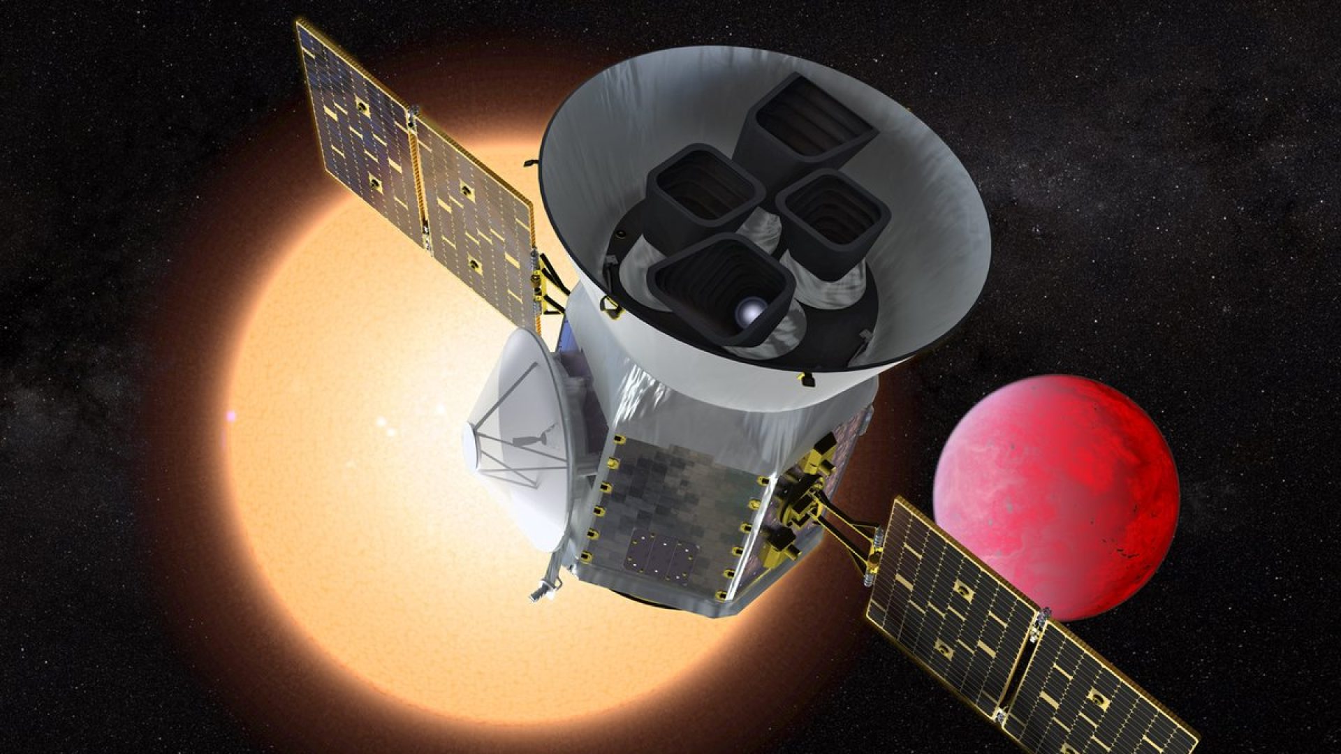 An artist concept of TESS in front of a lava planet orbiting its host star. NASA's Goddard Space ...