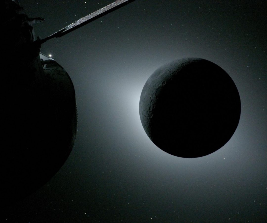 The Moon, backlit by the Sun during a solar eclipse, is photographed by NASA’s Orion spacecraft...