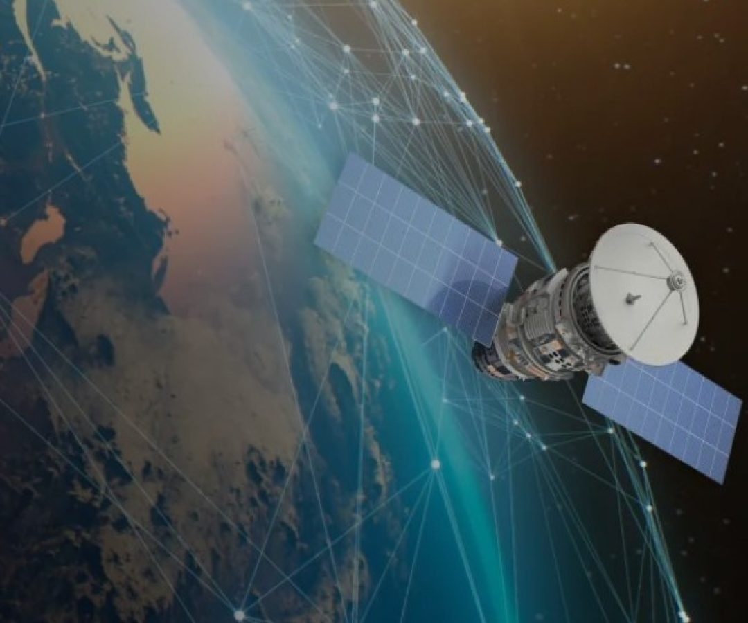 A generic satellite orbits above Earth. On the surface, blue dots connected by lines are visible,...