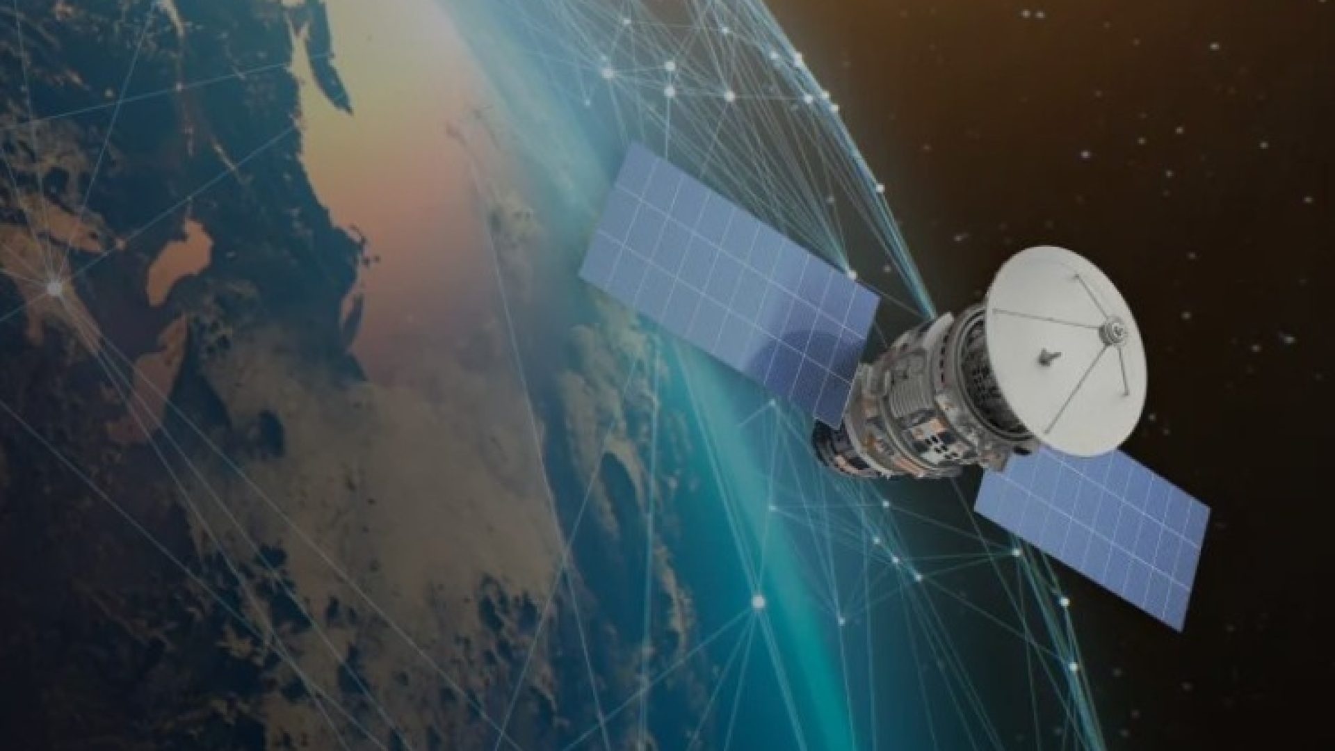A generic satellite orbits above Earth. On the surface, blue dots connected by lines are visible,...