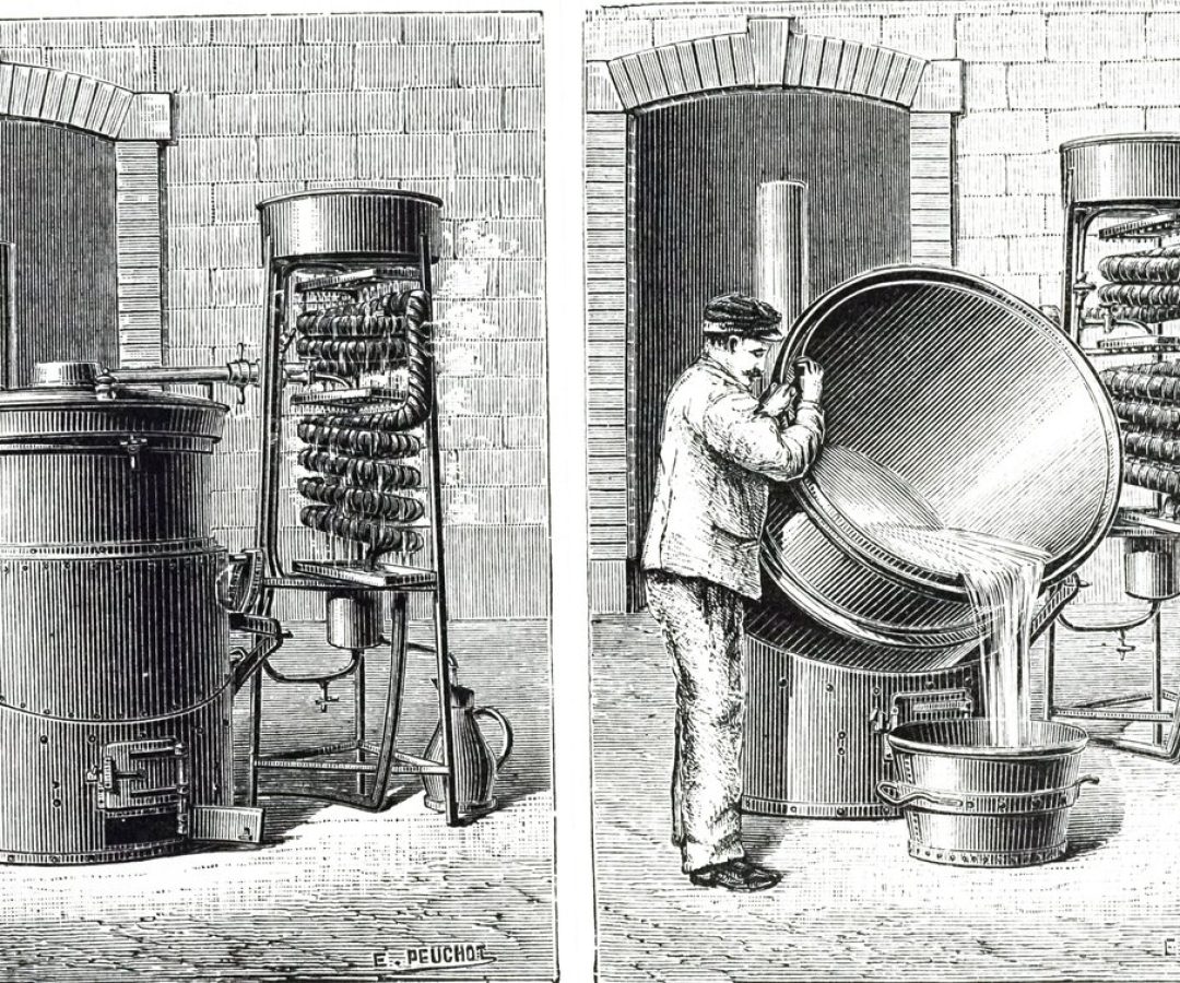 A 19th-century illustration of brandy distilling. Much like distilling alcohol, distilling AI mod...
