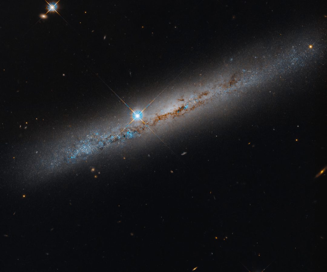 An edge-on spiral galaxy. Its rusty-brown dust lanes bisect the galaxy lengthwise. Bright-blue po...