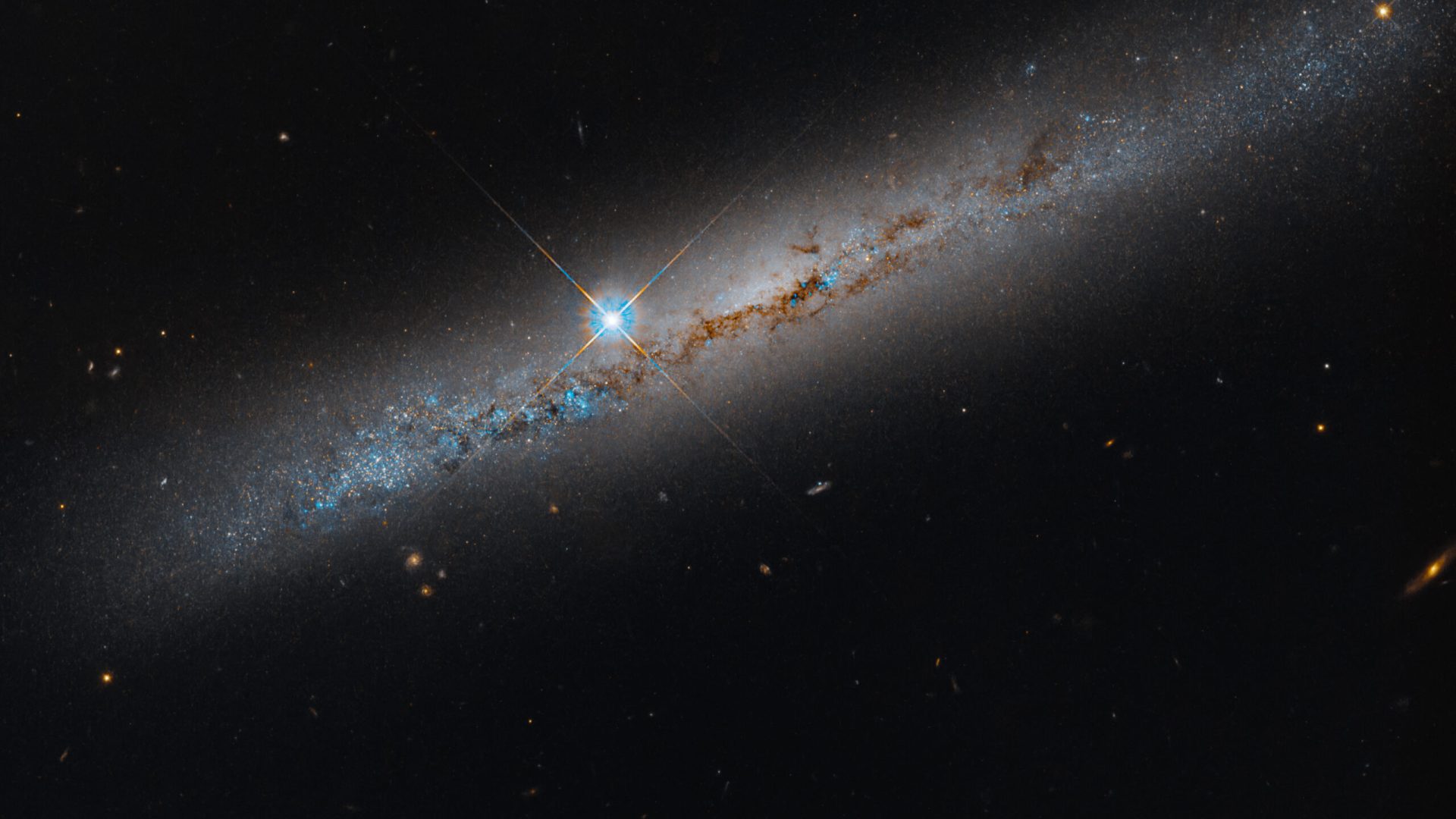 An edge-on spiral galaxy. Its rusty-brown dust lanes bisect the galaxy lengthwise. Bright-blue po...