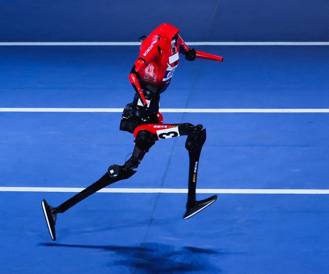 Two humanoid robots broke Usain Bolt’s record for the 100-meter dash last Saturday. One (shown ...