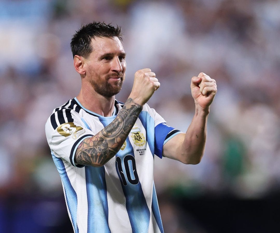 Lionel Messi #10 of Argentina celebrates scoring his team's third and hat trick goal during the F...