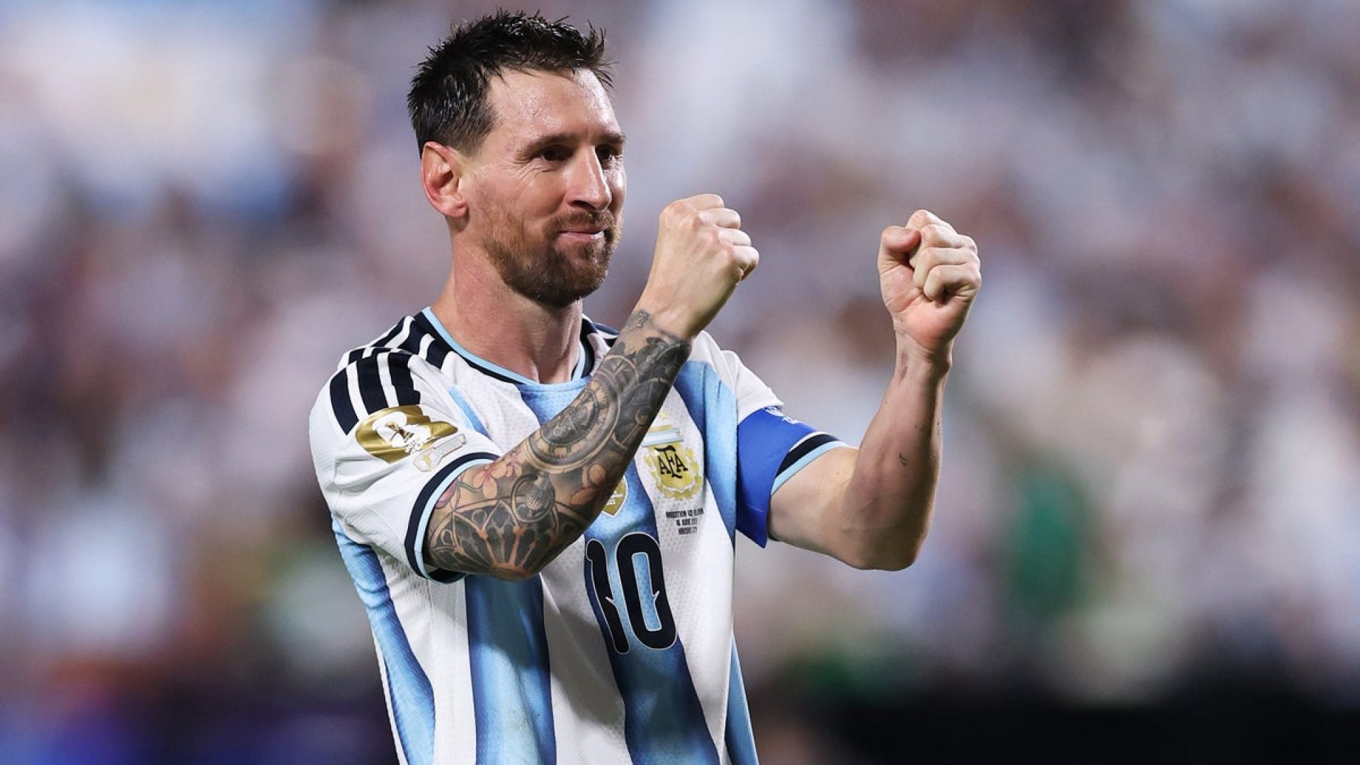 Lionel Messi #10 of Argentina celebrates scoring his team's third and hat trick goal during the F...