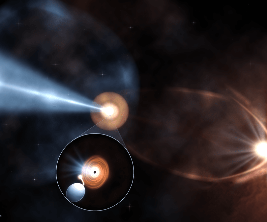 As a black hole and star orbit each other, the black hole steals away matter from the star. Some ...