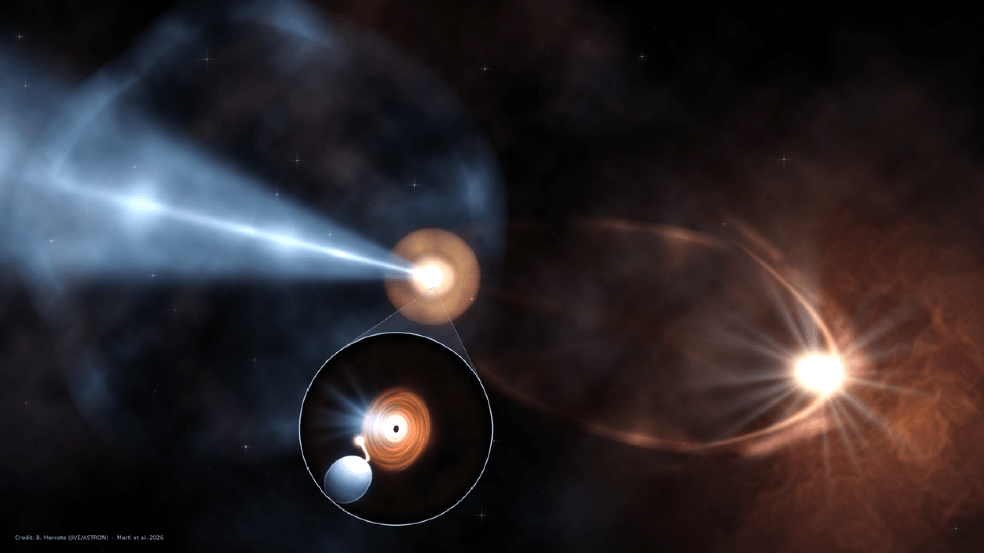 As a black hole and star orbit each other, the black hole steals away matter from the star. Some ...