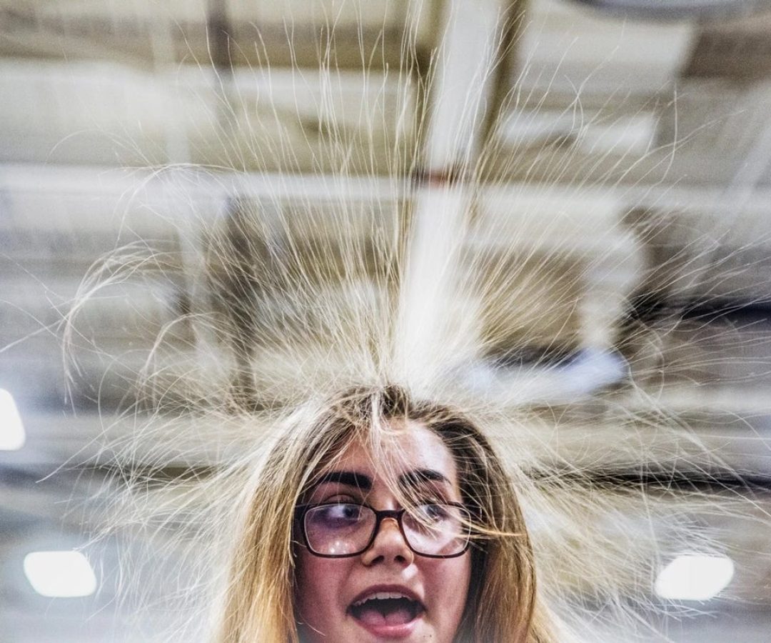 When hair picks up an electrostatic charge, the strands repel each other and stand on end. Whitne...
