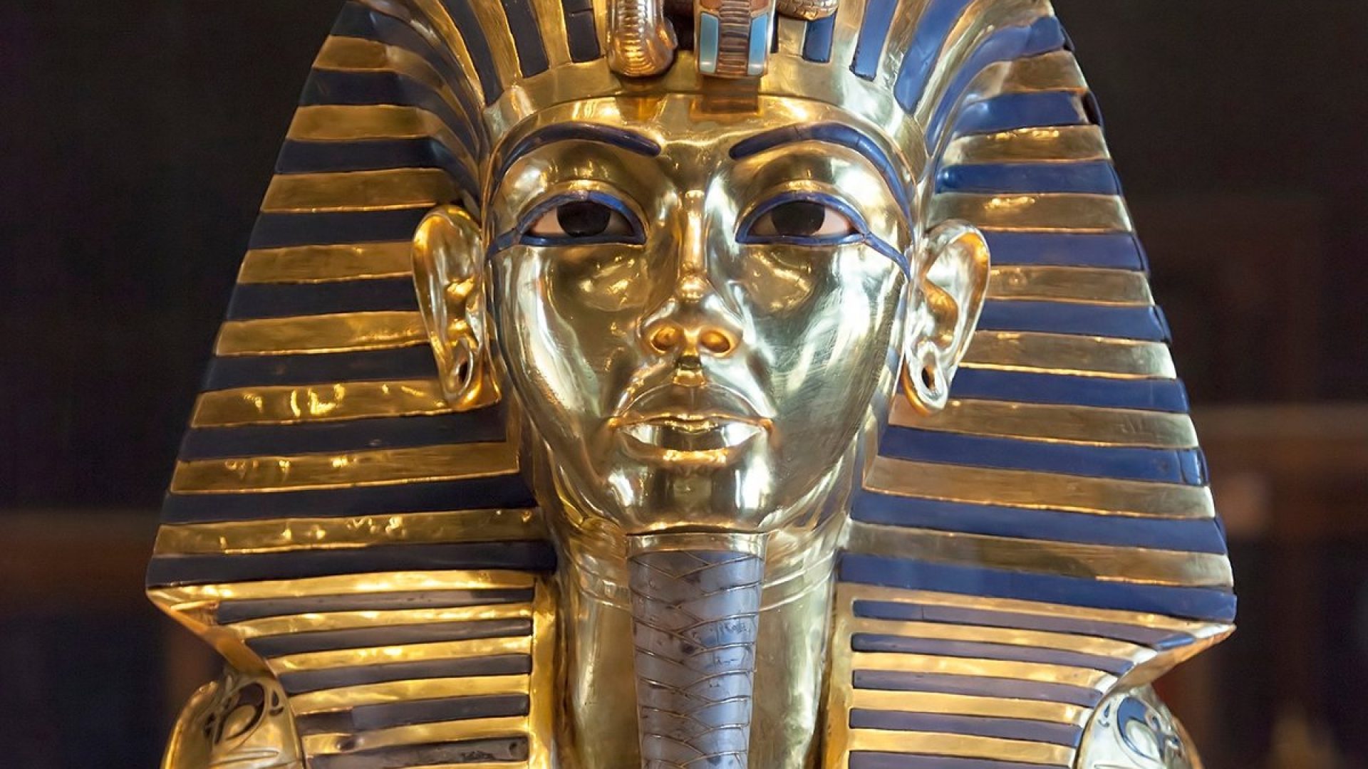 The funerary mask of Tutankhamun on display in Cairo, Egypt Public Domain via Wikimedia Commons