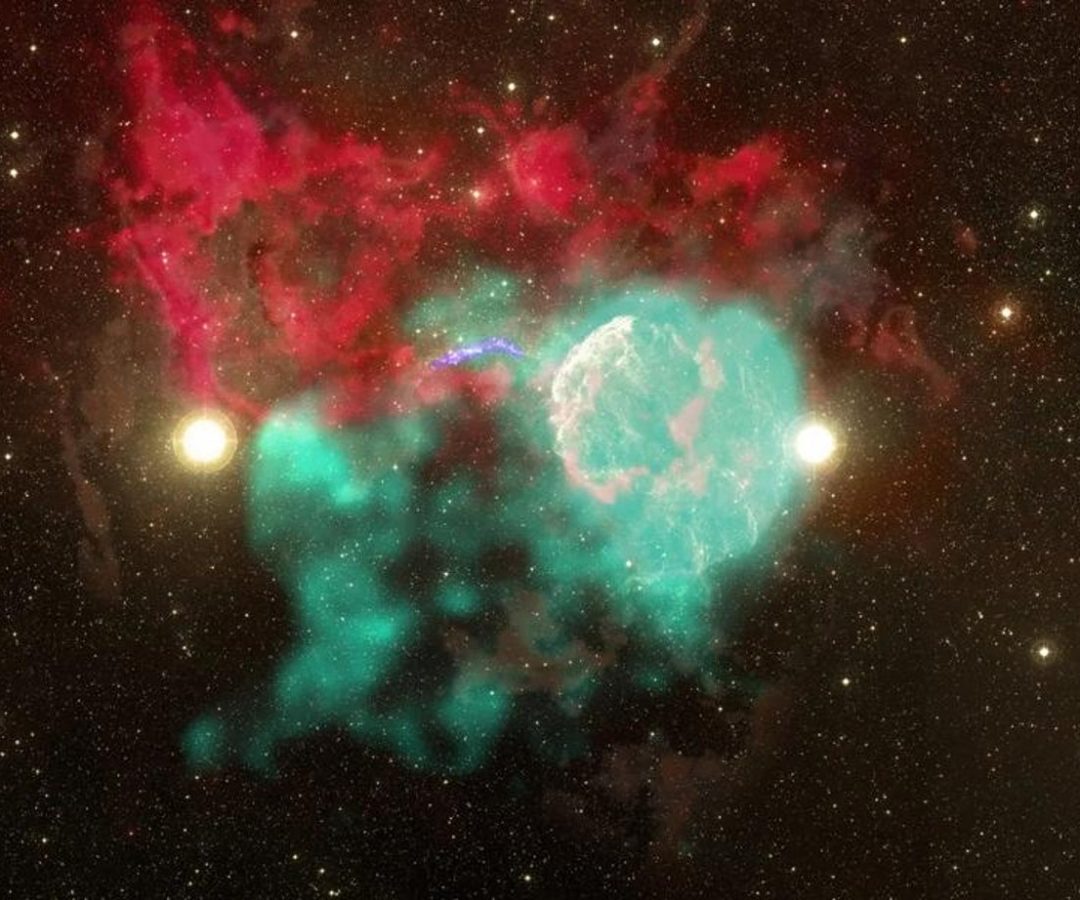 This composite of radio, infrared, optical and ultraviolet data shows the region around IC 443, a...