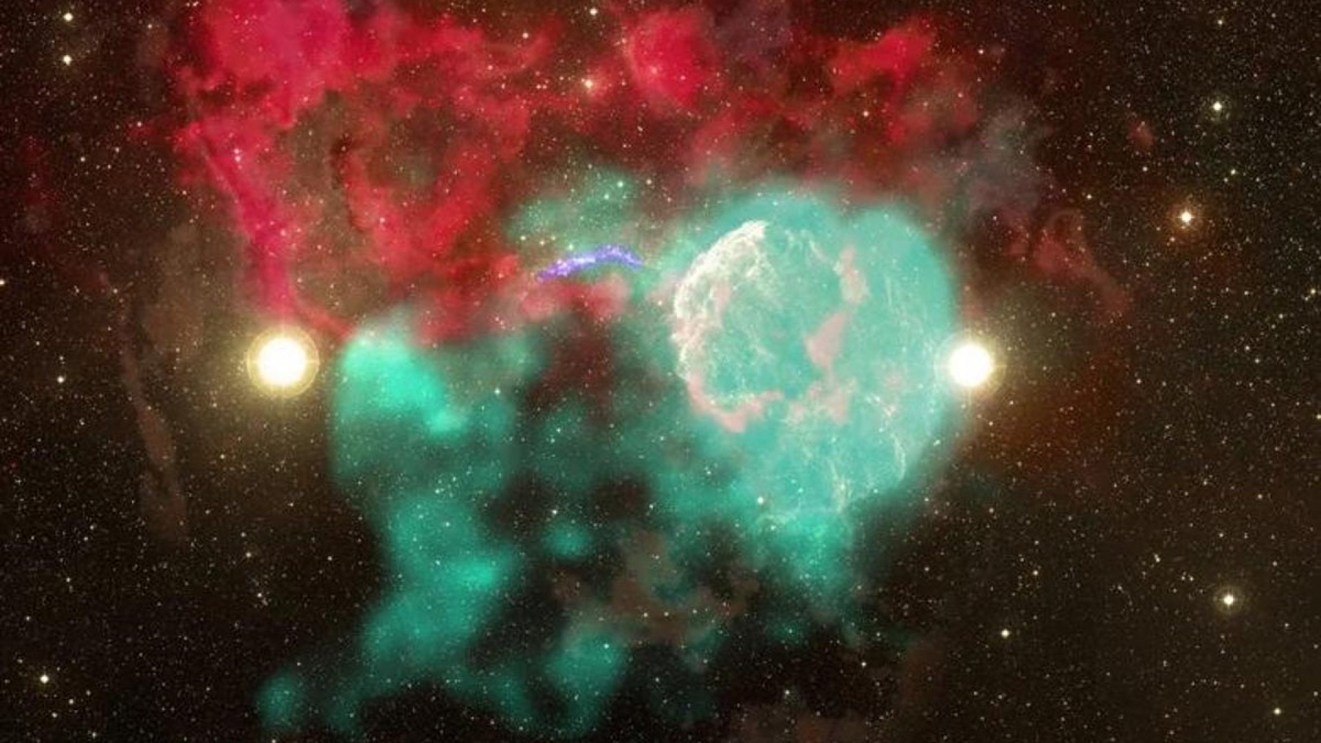 This composite of radio, infrared, optical and ultraviolet data shows the region around IC 443, a...